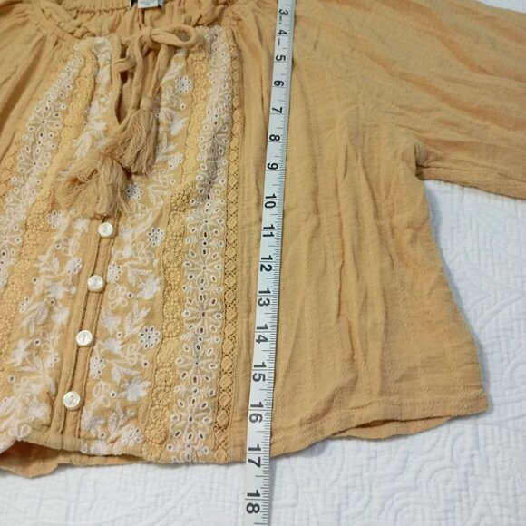 American Eagle Blouse Y2K Embroidered Boho Bohemia S Cotton Blend Mustard Womens - Picture 11 of 11